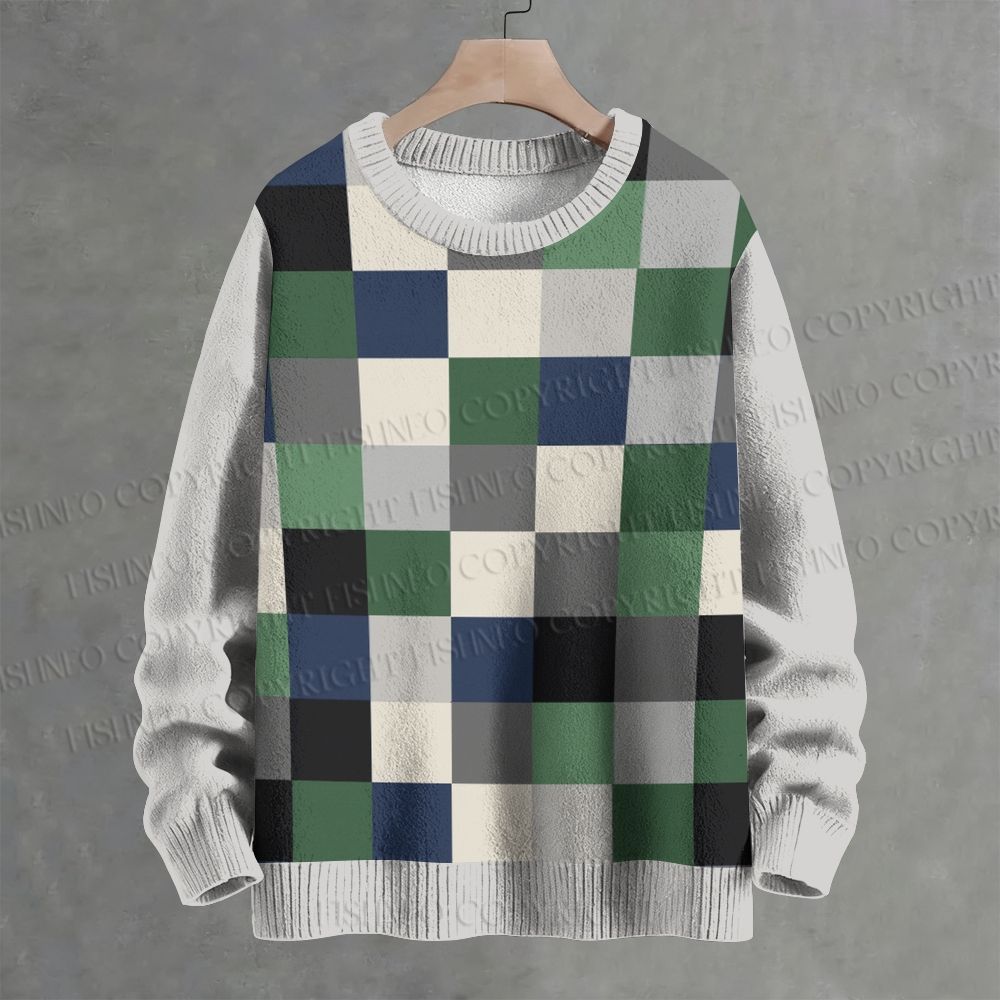Grid Print Casual Crew Neck Sweater