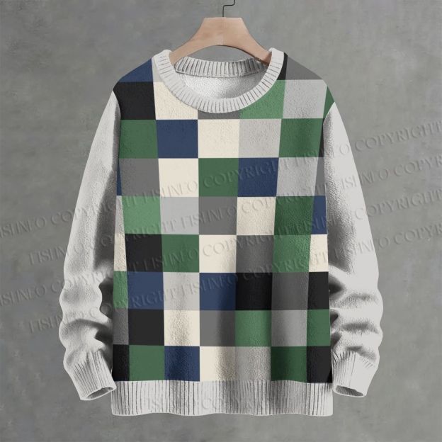 Grid Print Casual Crew Neck Sweater
