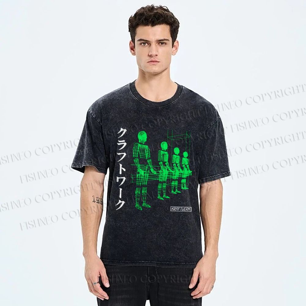 Unisex Kraftwerk Band Japanese Style Printed Washed Tee
