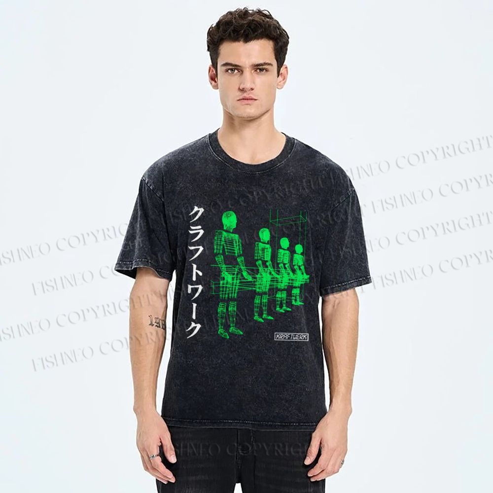 Unisex Kraftwerk Band Japanese Style Printed Washed Tee