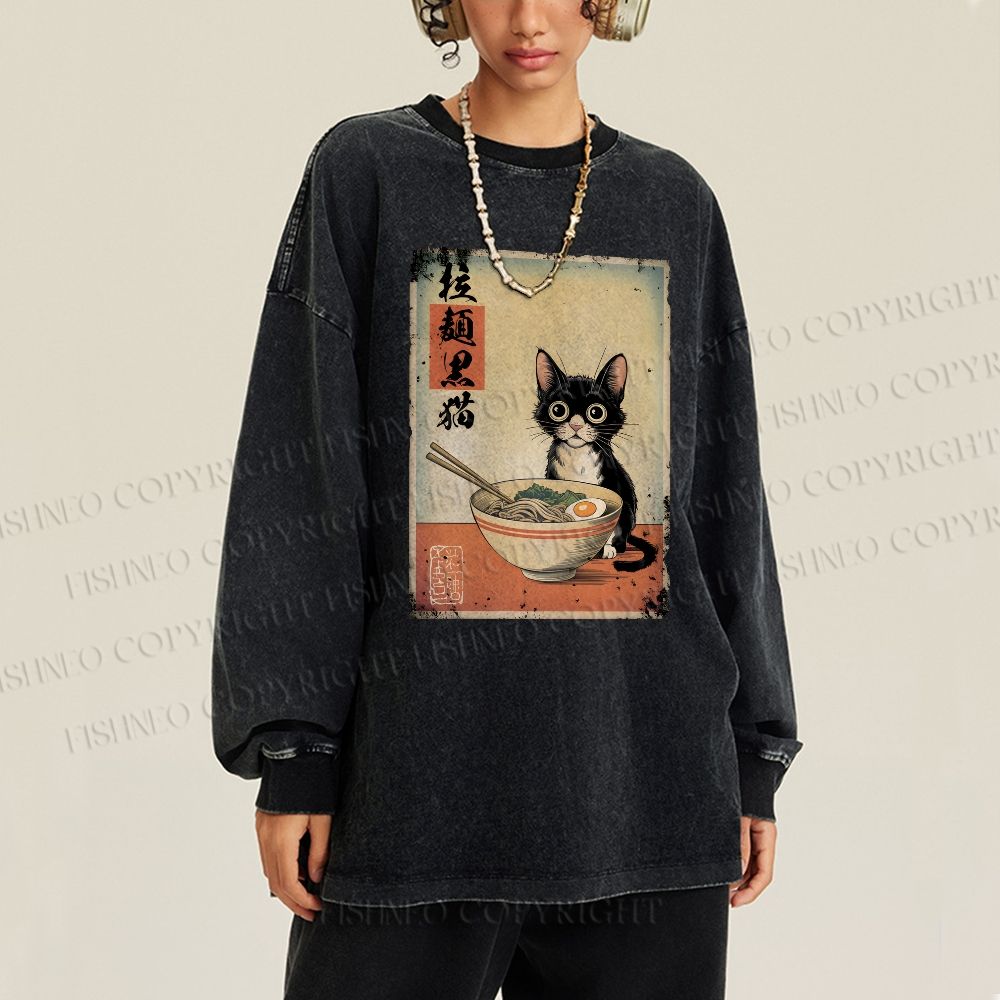 Unisex Casual Washed Ramen Black Cat Printed Long Sleeve T-shirt