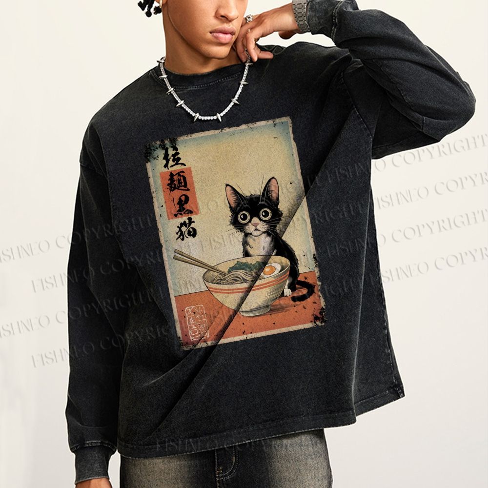 Unisex Casual Washed Ramen Black Cat Printed Long Sleeve T-shirt