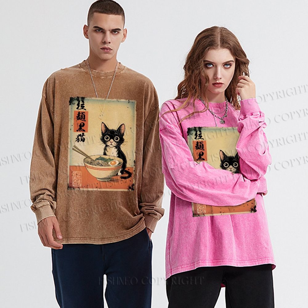 Unisex Casual Washed Ramen Black Cat Printed Long Sleeve T-shirt