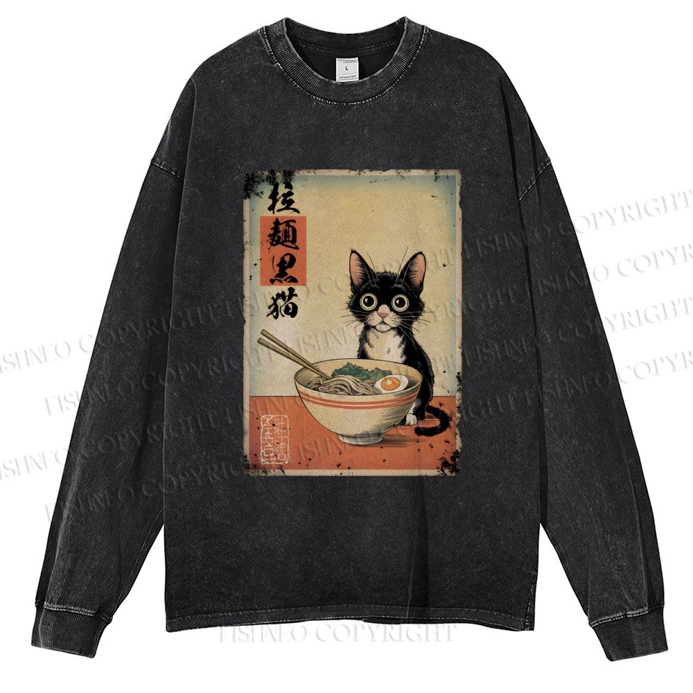 Unisex Casual Washed Ramen Black Cat Printed Long Sleeve T-shirt