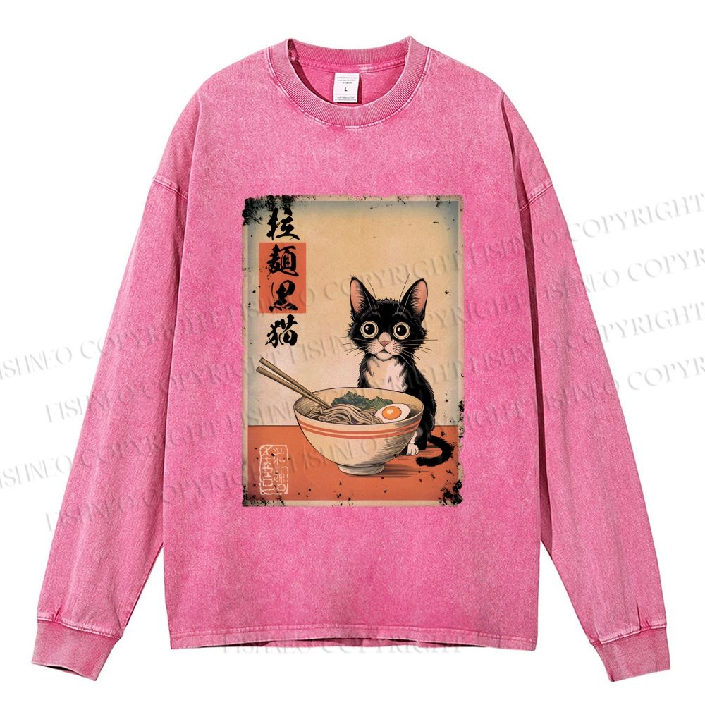 Unisex Casual Washed Ramen Black Cat Printed Long Sleeve T-shirt