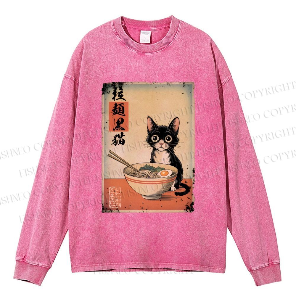 Unisex Casual Washed Ramen Black Cat Printed Long Sleeve T-shirt