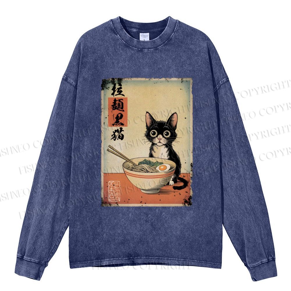 Unisex Casual Washed Ramen Black Cat Printed Long Sleeve T-shirt