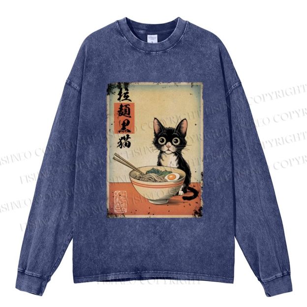 Unisex Casual Washed Ramen Black Cat Printed Long Sleeve T-shirt