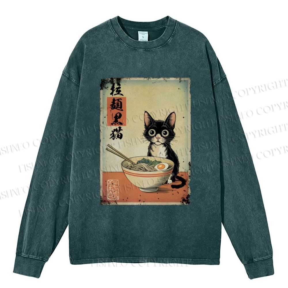 Unisex Casual Washed Ramen Black Cat Printed Long Sleeve T-shirt