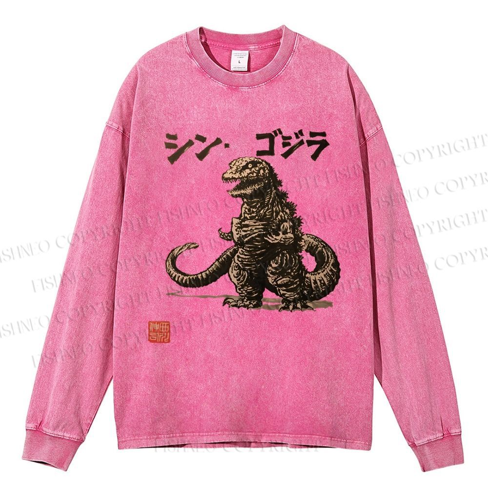 Unisex Casual Washed Vintage Godzilla Printed Long Sleeve T-shirt