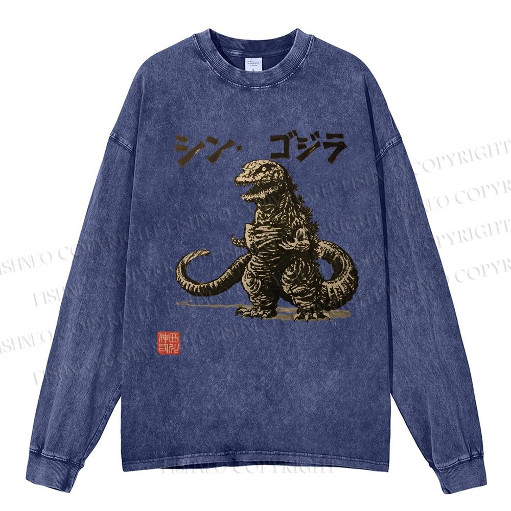 Unisex Casual Washed Vintage Godzilla Printed Long Sleeve T-shirt