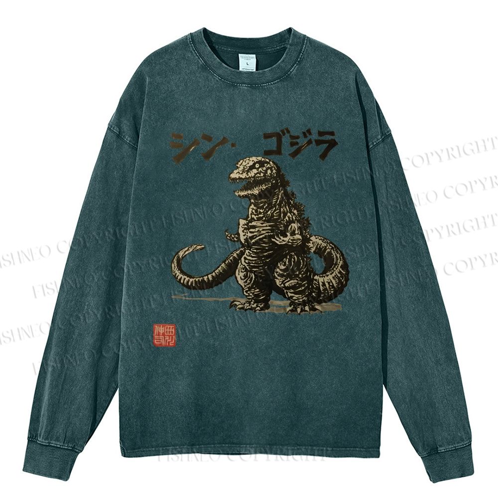 Unisex Casual Washed Vintage Godzilla Printed Long Sleeve T-shirt