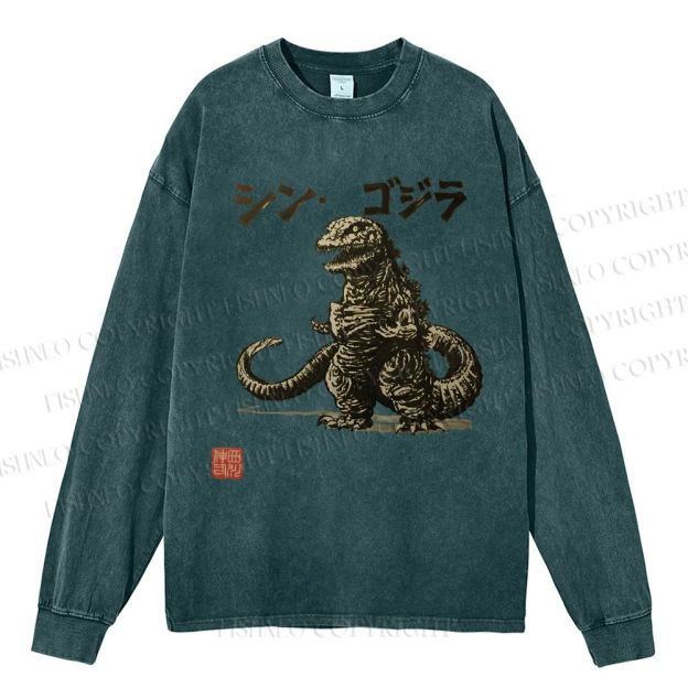 Unisex Casual Washed Vintage Godzilla Printed Long Sleeve T-shirt