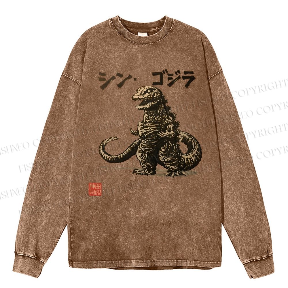 Unisex Casual Washed Vintage Godzilla Printed Long Sleeve T-shirt