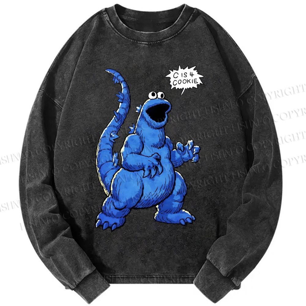 Unisex Casual Washed Cookie Monster C Is Cookie Printed Long Sleeve T-shirt