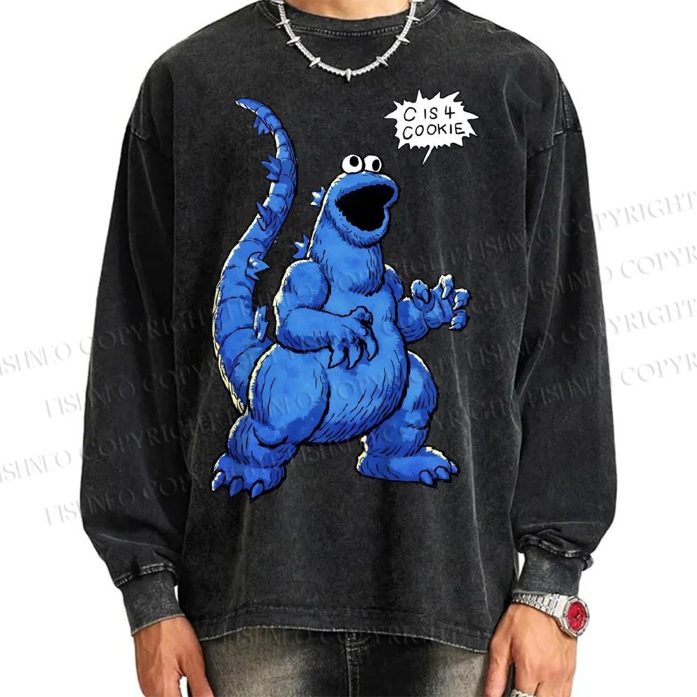Unisex Casual Washed Cookie Monster C Is Cookie Printed Long Sleeve T-shirt