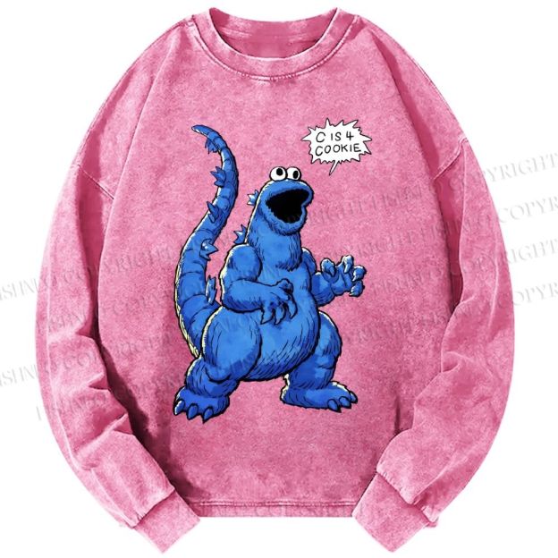Unisex Casual Washed Cookie Monster C Is Cookie Printed Long Sleeve T-shirt