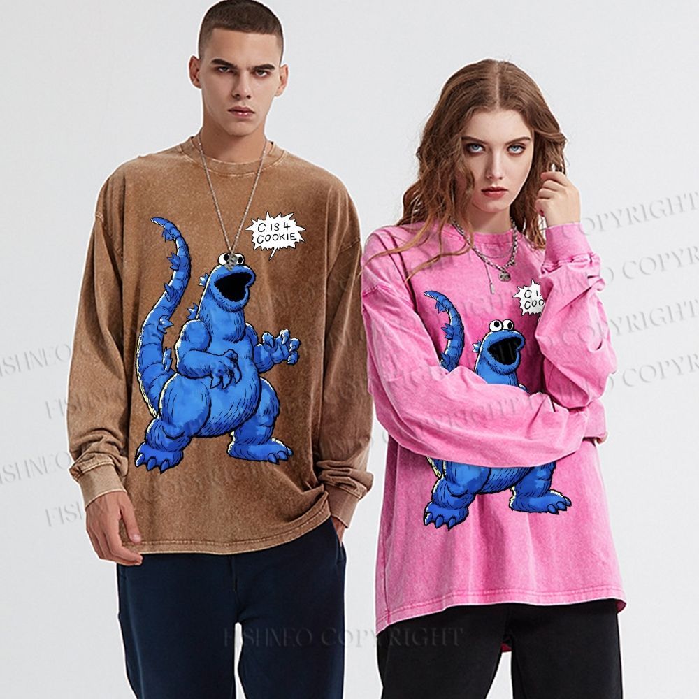 Unisex Casual Washed Cookie Monster C Is Cookie Printed Long Sleeve T-shirt