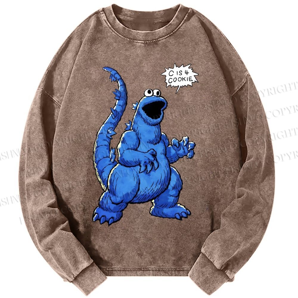 Unisex Casual Washed Cookie Monster C Is Cookie Printed Long Sleeve T-shirt