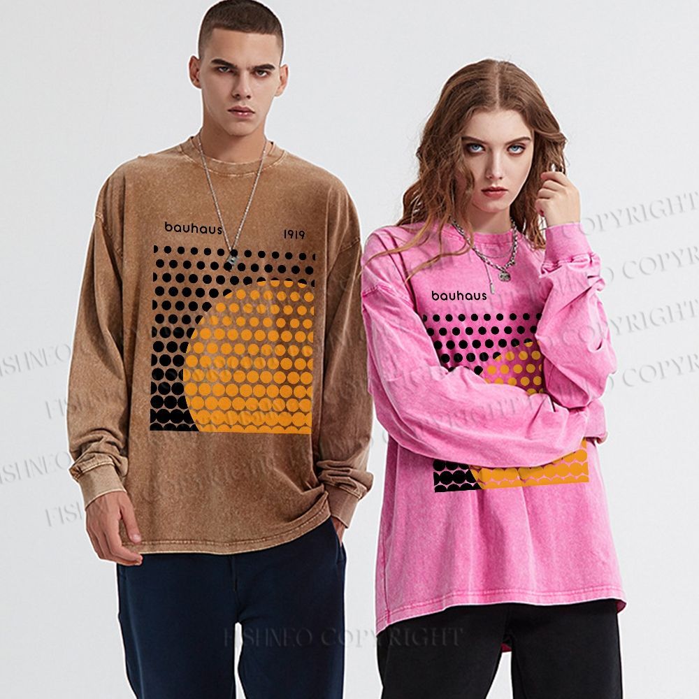 Unisex Casual Washed Bauhaus Geometric Circles Printed Long Sleeve T-shirt
