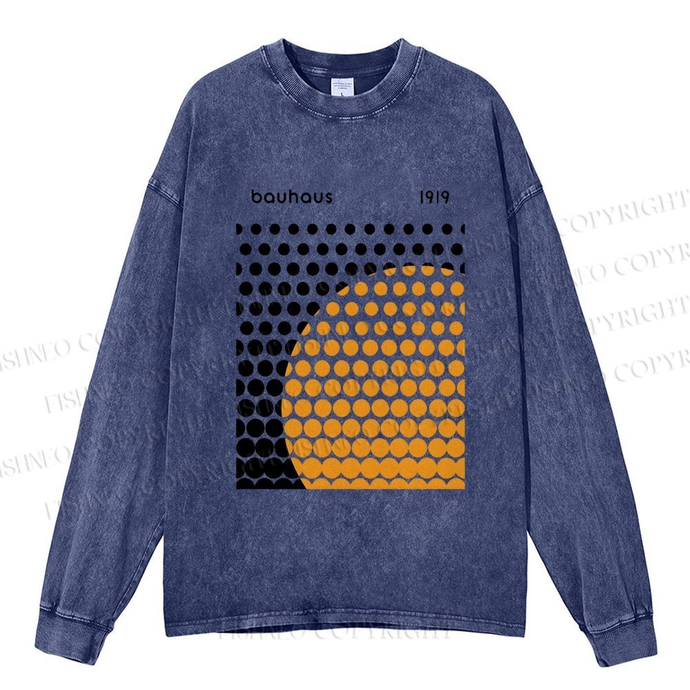 Unisex Casual Washed Bauhaus Geometric Circles Printed Long Sleeve T-shirt