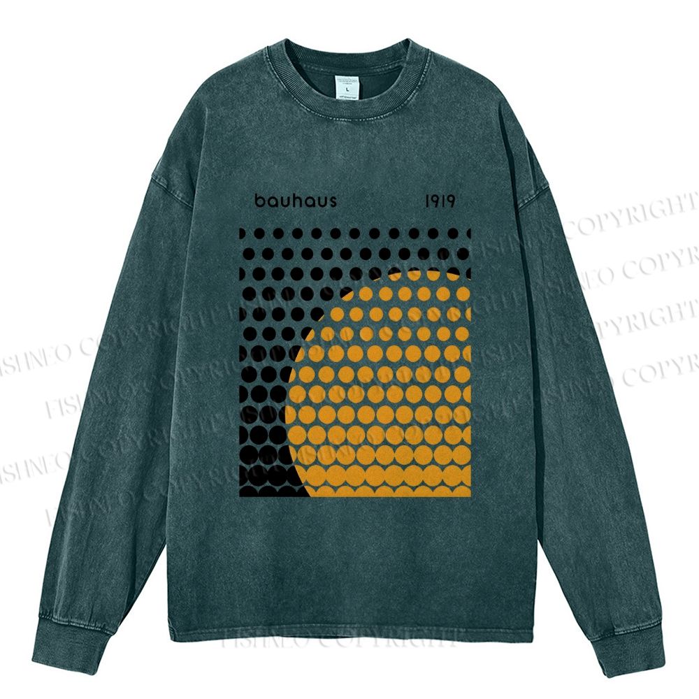 Unisex Casual Washed Bauhaus Geometric Circles Printed Long Sleeve T-shirt