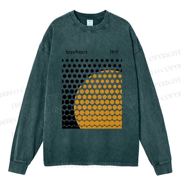 Unisex Casual Washed Bauhaus Geometric Circles Printed Long Sleeve T-shirt