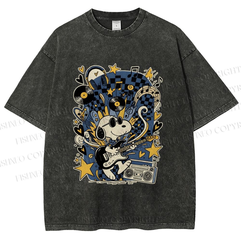 Unisex Snoopy Playing Music Printed Washed Tee