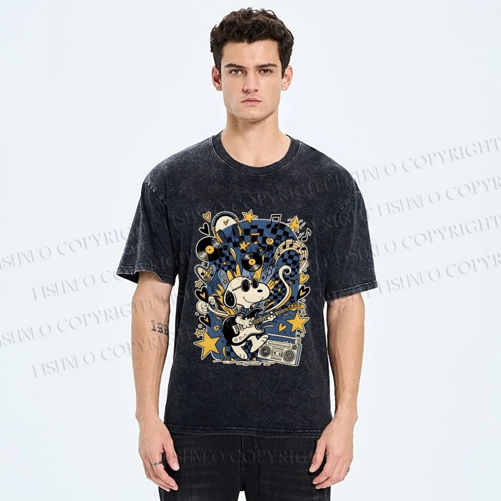 Unisex Snoopy Playing Music Printed Washed Tee