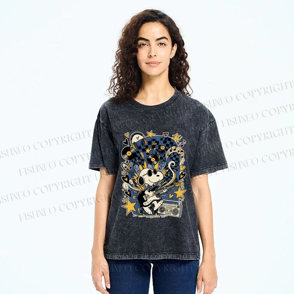 Unisex Snoopy Playing Music Printed Washed Tee