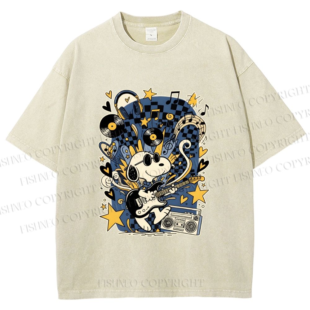 Unisex Snoopy Playing Music Printed Washed Tee