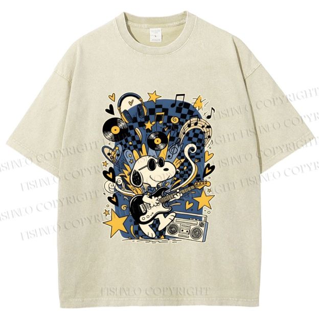 Unisex Snoopy Playing Music Printed Washed Tee