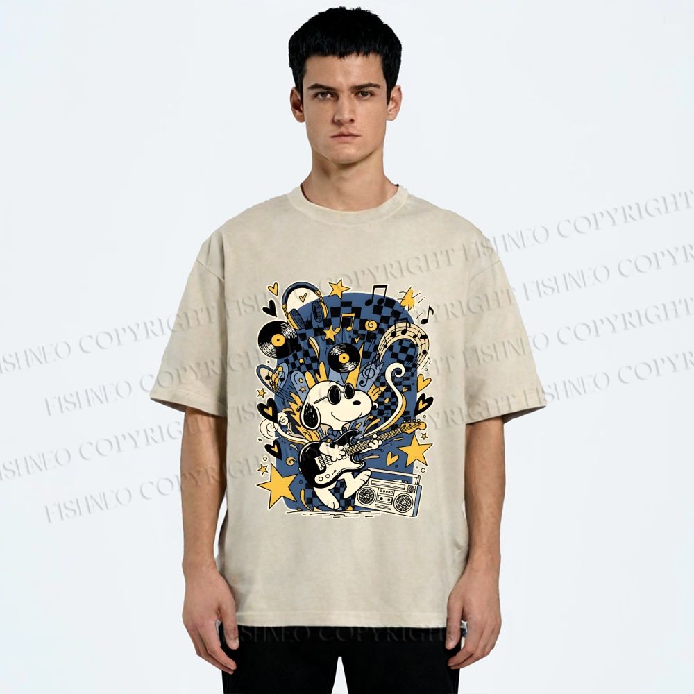 Unisex Snoopy Playing Music Printed Washed Tee
