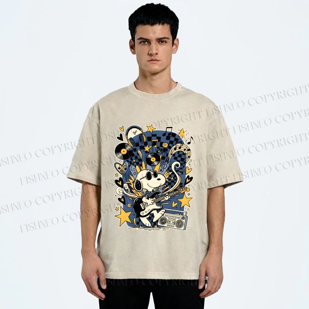 Unisex Snoopy Playing Music Printed Washed Tee