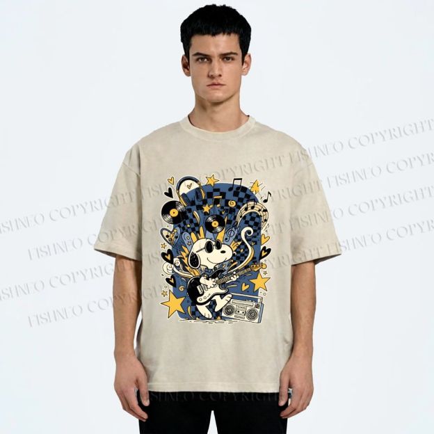 Unisex Snoopy Playing Music Printed Washed Tee