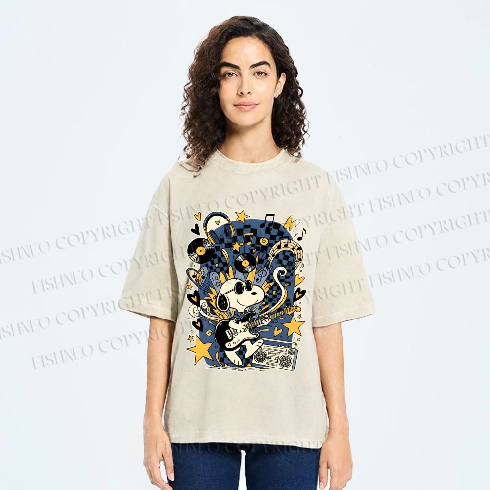 Unisex Snoopy Playing Music Printed Washed Tee