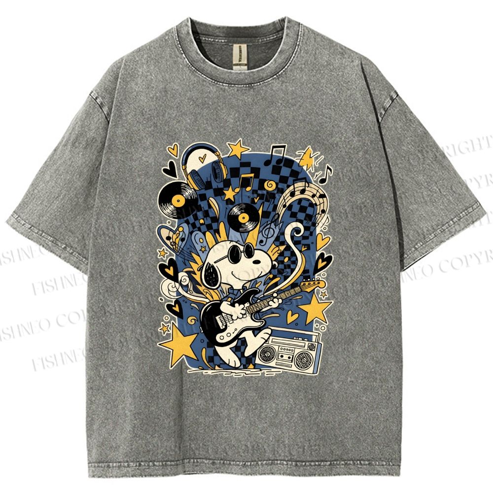 Unisex Snoopy Playing Music Printed Washed Tee