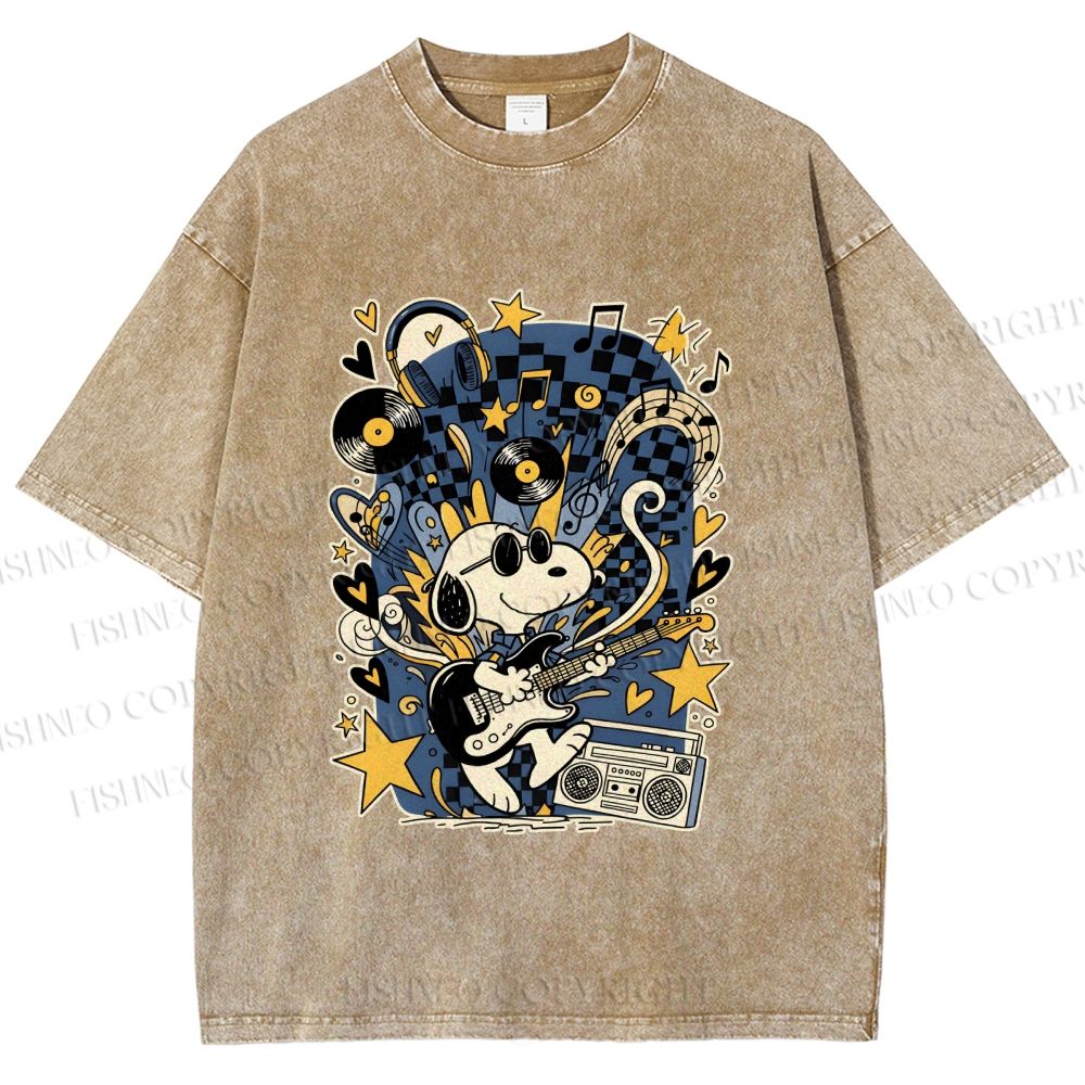Unisex Snoopy Playing Music Printed Washed Tee