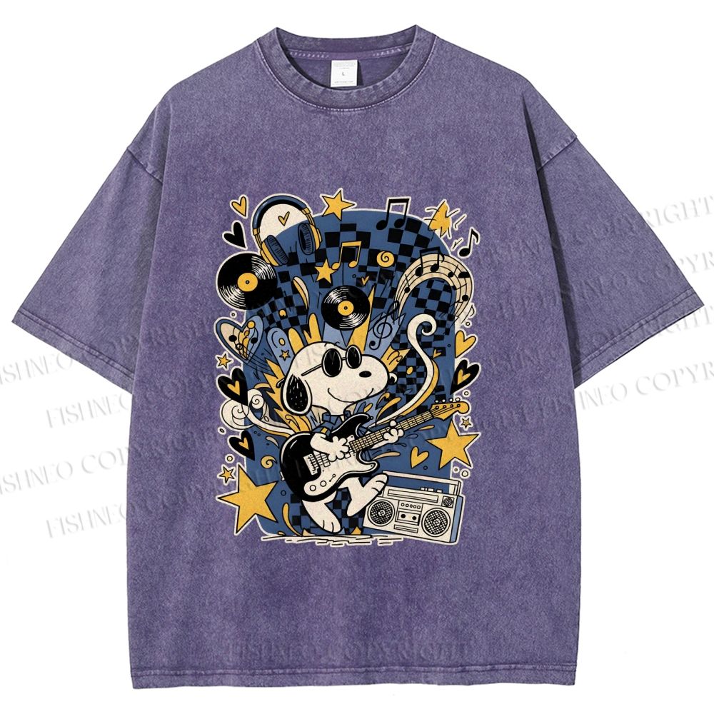 Unisex Snoopy Playing Music Printed Washed Tee