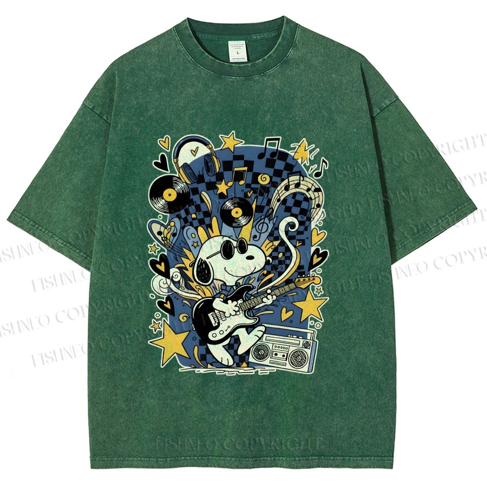 Unisex Snoopy Playing Music Printed Washed Tee