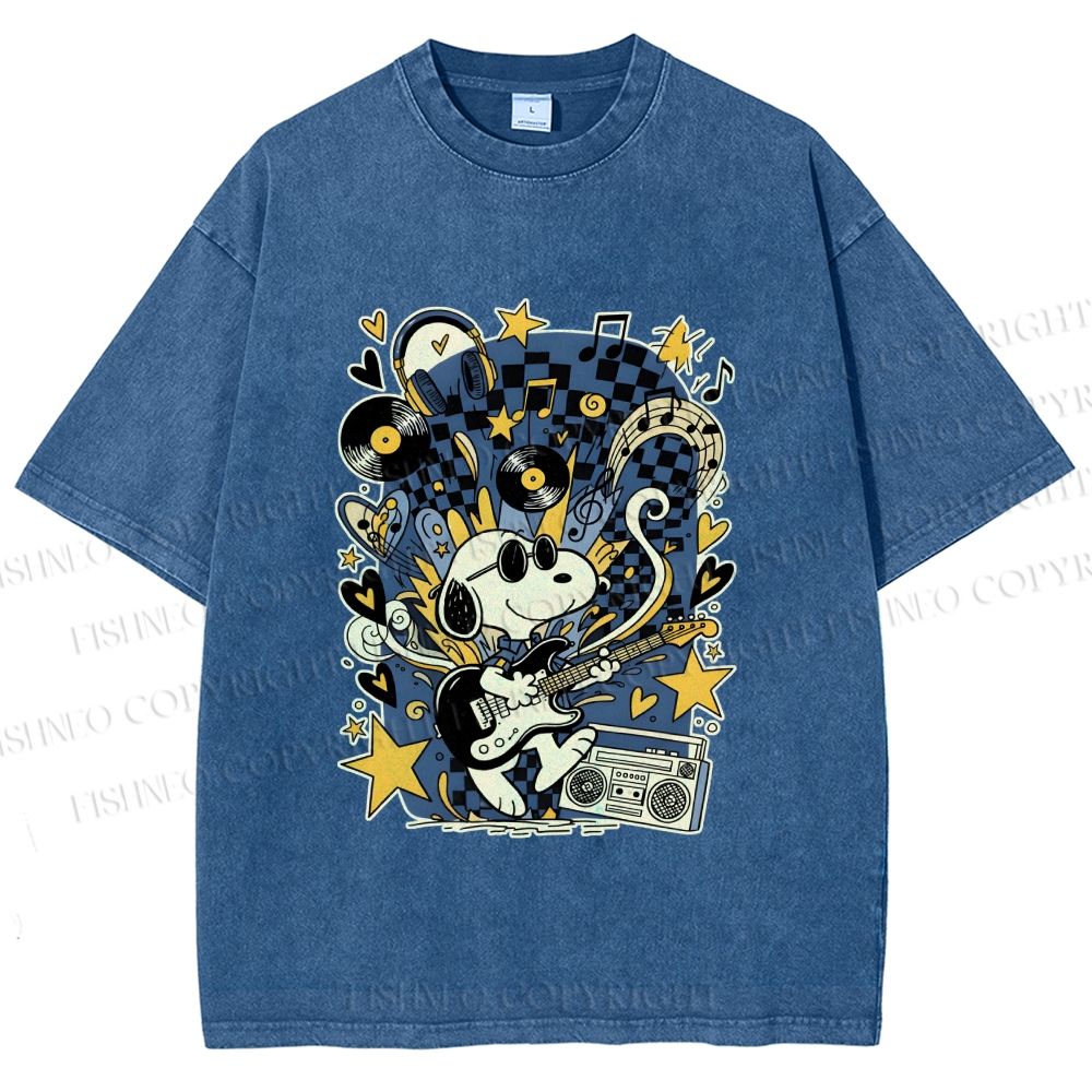 Unisex Snoopy Playing Music Printed Washed Tee