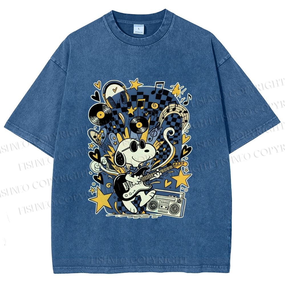 Unisex Snoopy Playing Music Printed Washed Tee