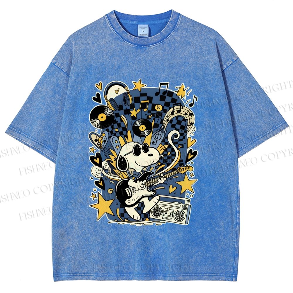 Unisex Snoopy Playing Music Printed Washed Tee