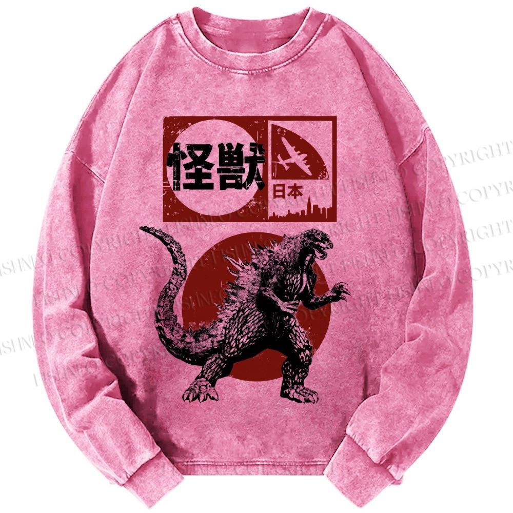 Unisex Casual Washed Vintage Japanese Godzilla Printed Long Sleeve T-shirt