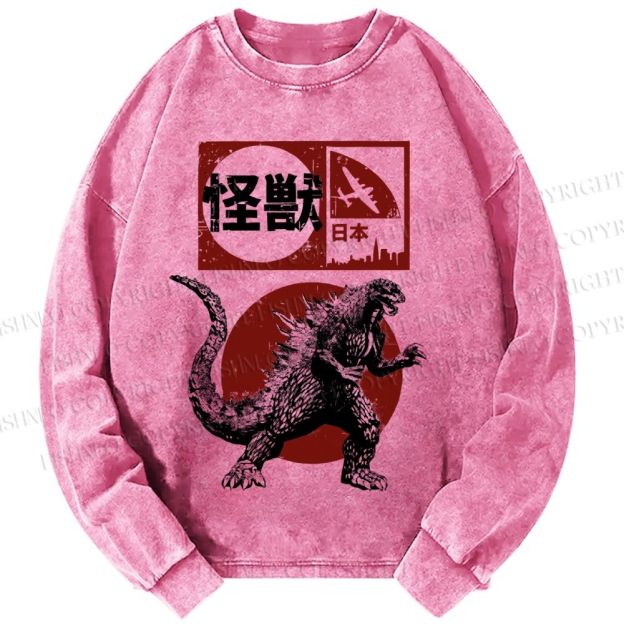 Unisex Casual Washed Vintage Japanese Godzilla Printed Long Sleeve T-shirt