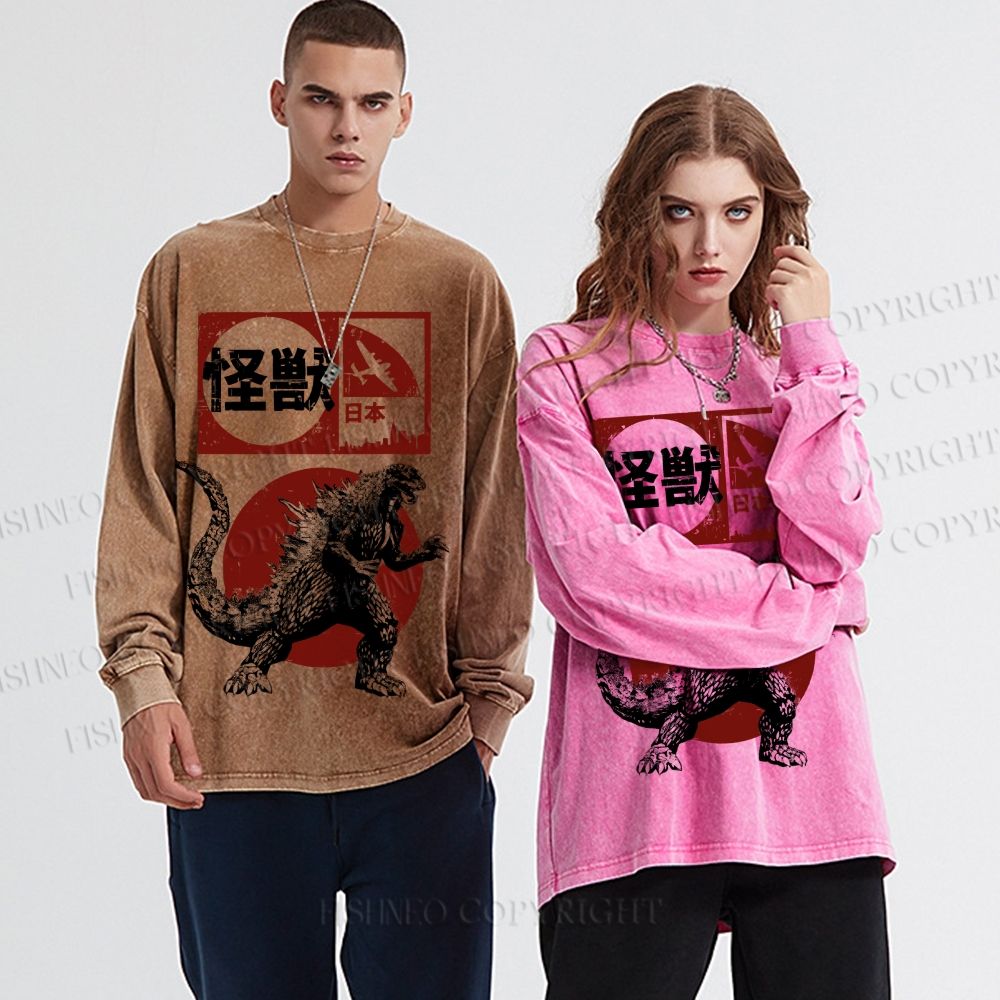 Unisex Casual Washed Vintage Japanese Godzilla Printed Long Sleeve T-shirt
