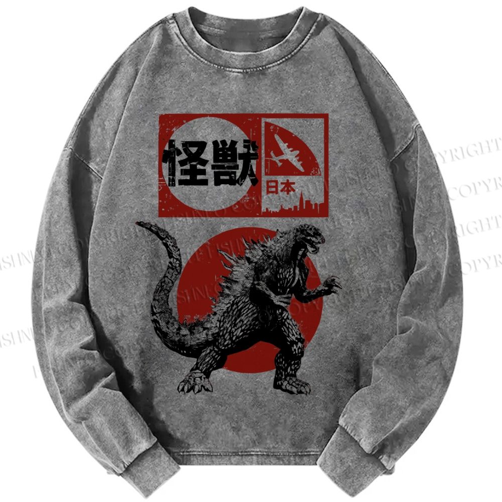 Unisex Casual Washed Vintage Japanese Godzilla Printed Long Sleeve T-shirt