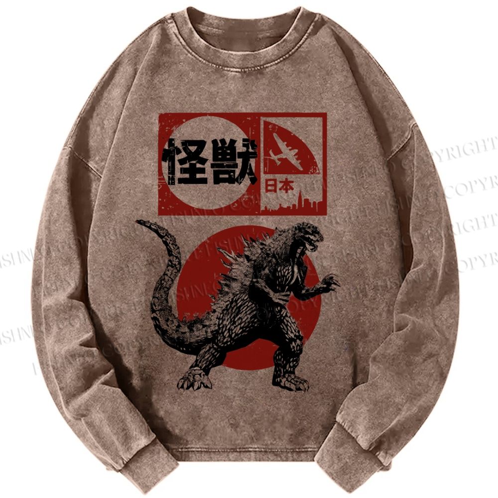 Unisex Casual Washed Vintage Japanese Godzilla Printed Long Sleeve T-shirt