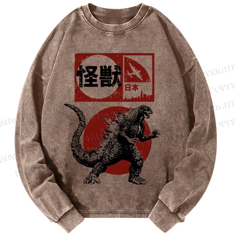 Unisex Casual Washed Vintage Japanese Godzilla Printed Long Sleeve T-shirt