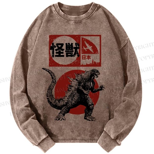 Unisex Casual Washed Vintage Japanese Godzilla Printed Long Sleeve T-shirt